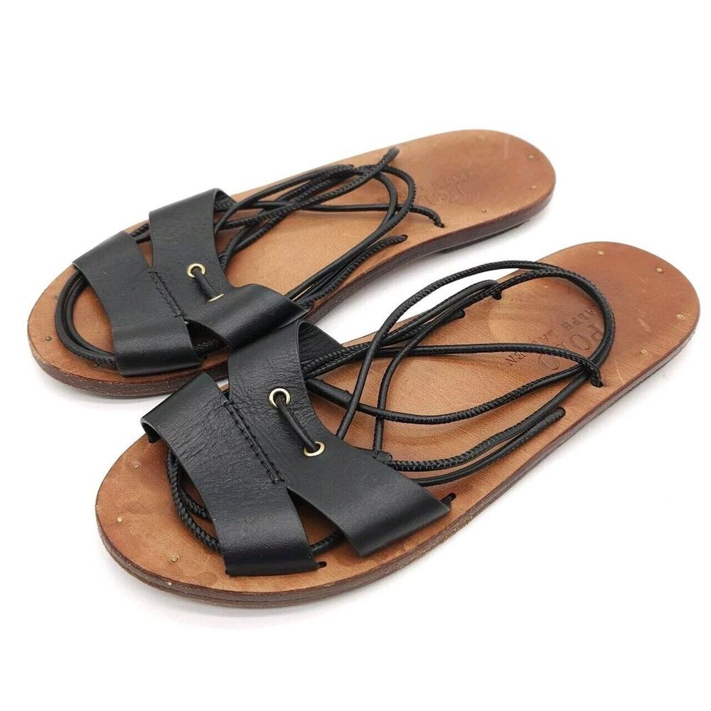 Polo Ralph Lauren (Womens Size 6) Leather Flat Leg Lace Up Sandals Shoes Black